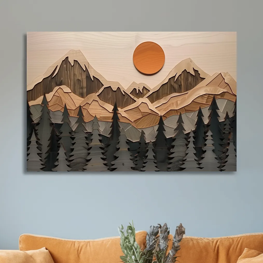 Rustic Geometric Wood Grain Mountain Sunrise - Pine Forest Landscape Wall Art