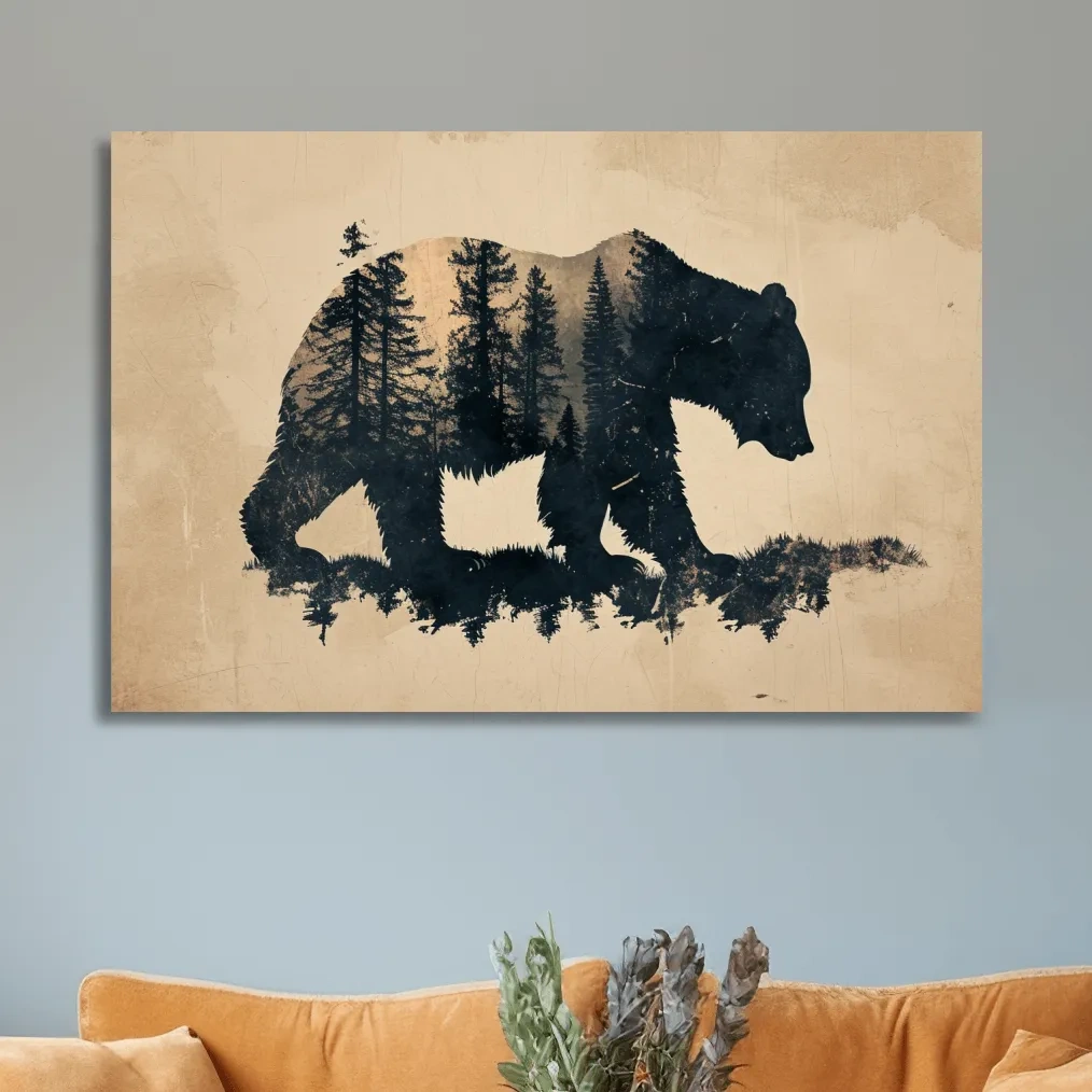 Vintage grizzly bear illustration artwork, double exposure sepia style