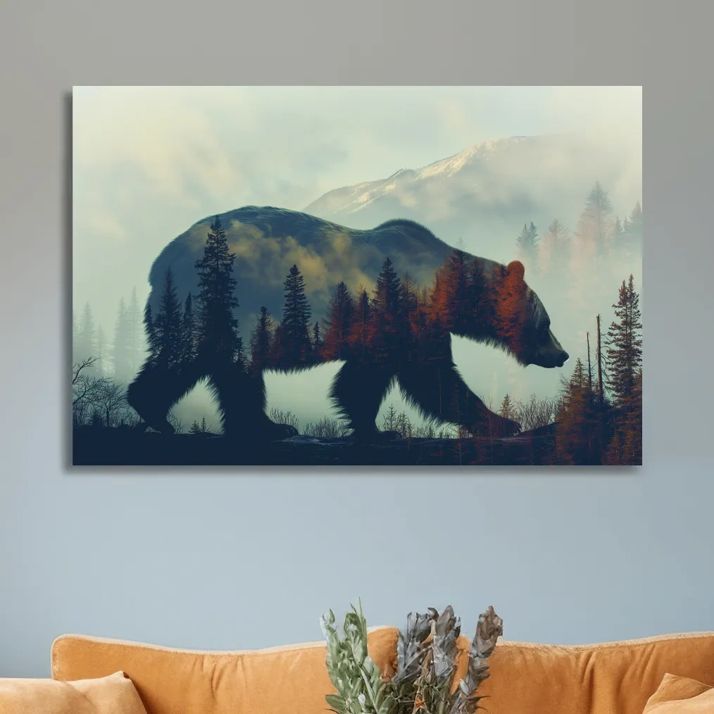 Moody Double Exposure Grizzly Bear Silhouette - Misty Pine Forest Mountain Wall Art