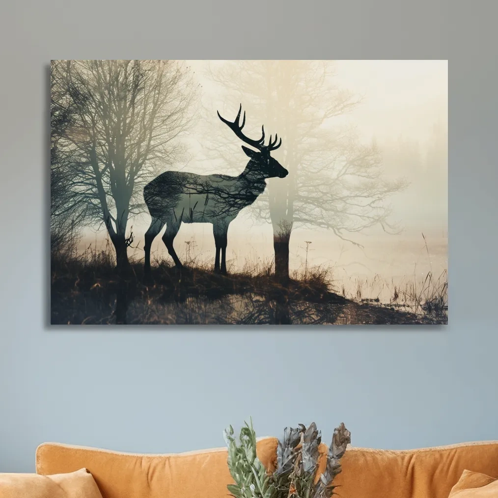Misty Deer Silhouette Forest Landscape - Double Exposure Wildlife Photography Wall Art