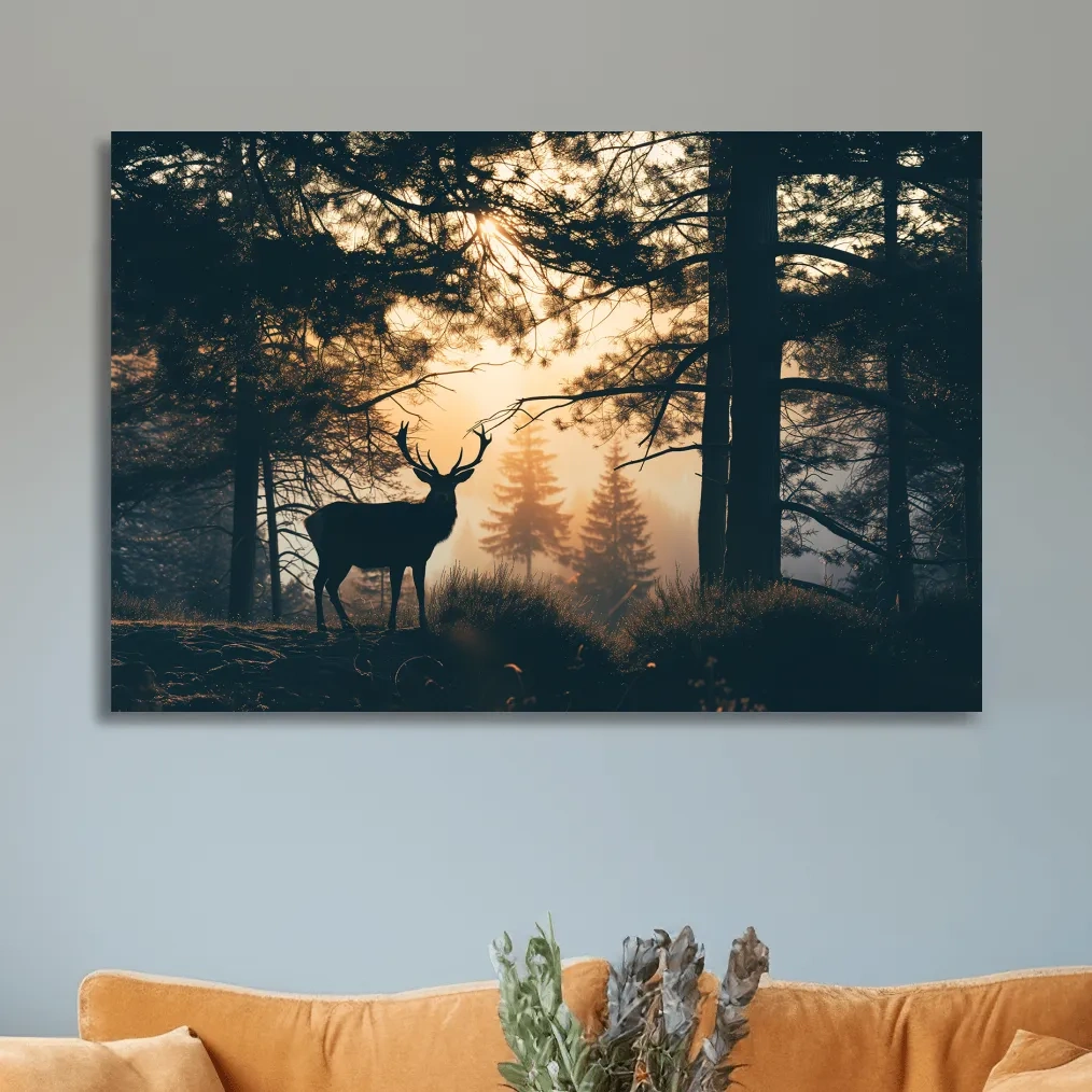 Photograph of a deer silhouette in the forest at sunset