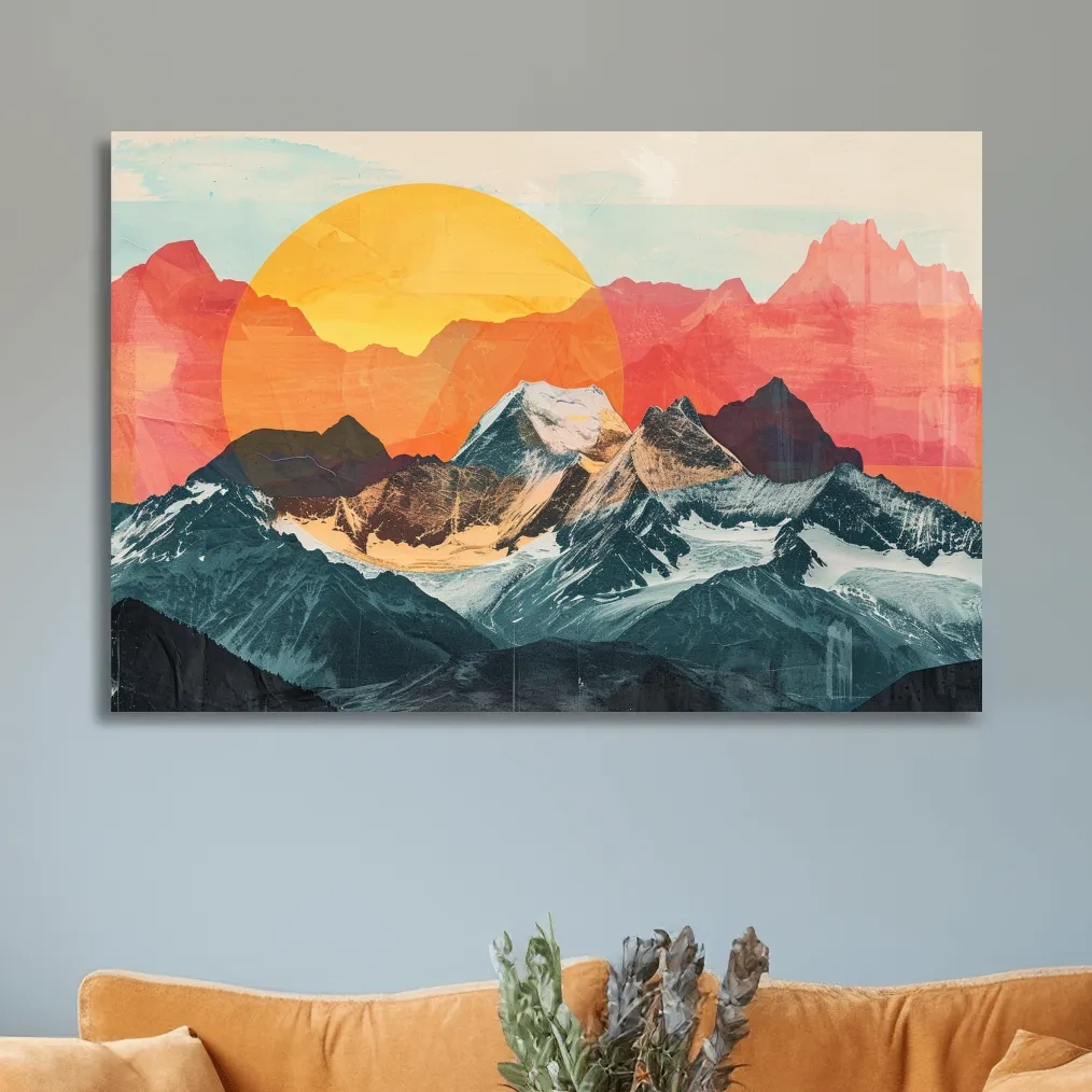 Print collage style abstract mountain artwork