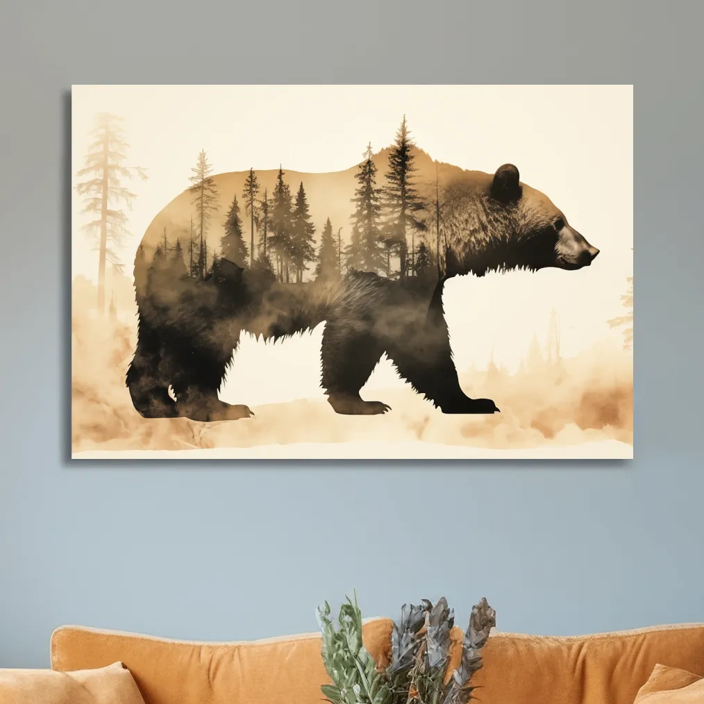 Double exposure vintage style artwork, a grizzly bear and a forest