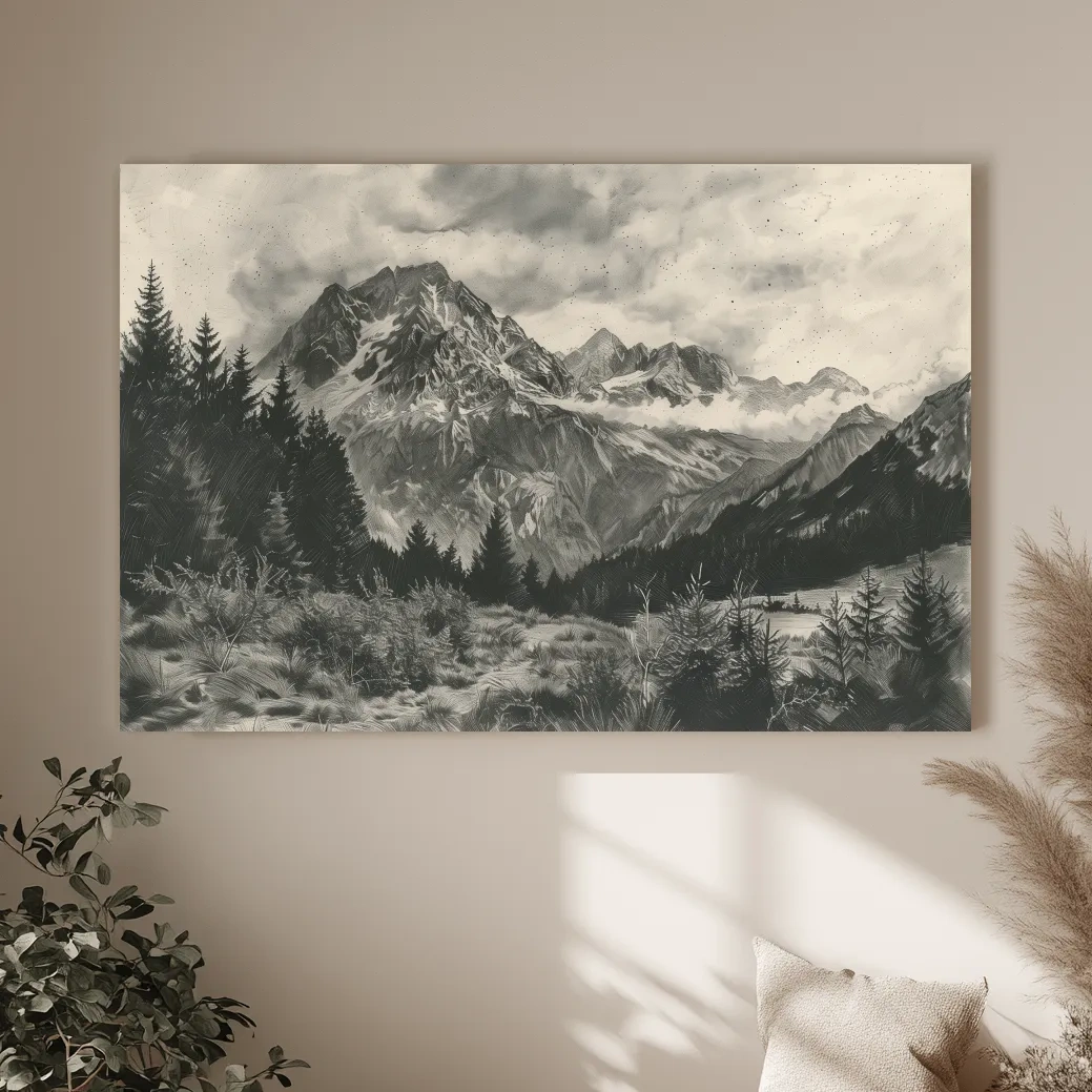 Monochrome Alpine Meadows Mountain Range - Vintage Sketch Landscape Wall Art
