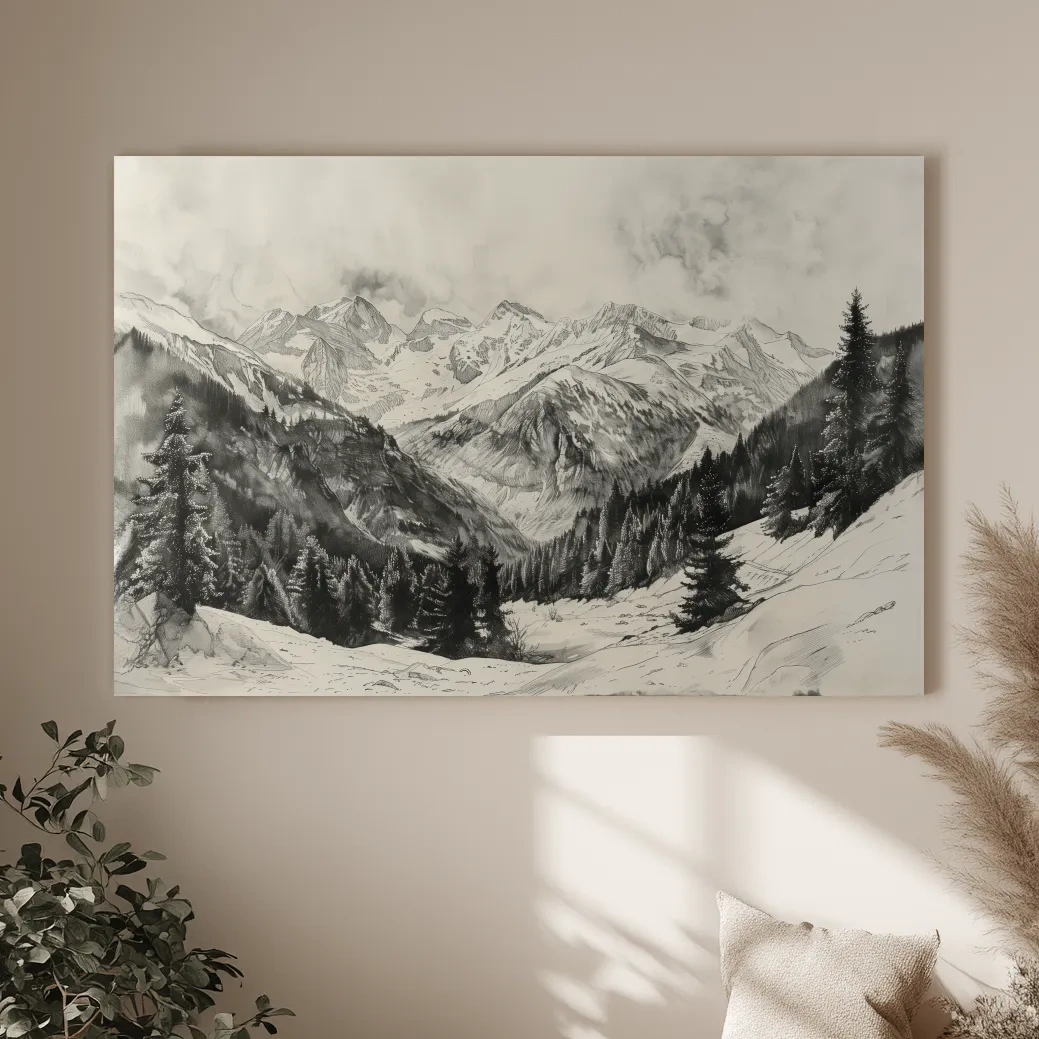 Lead pencil drawing, alpine forest and glacier mountain artwork