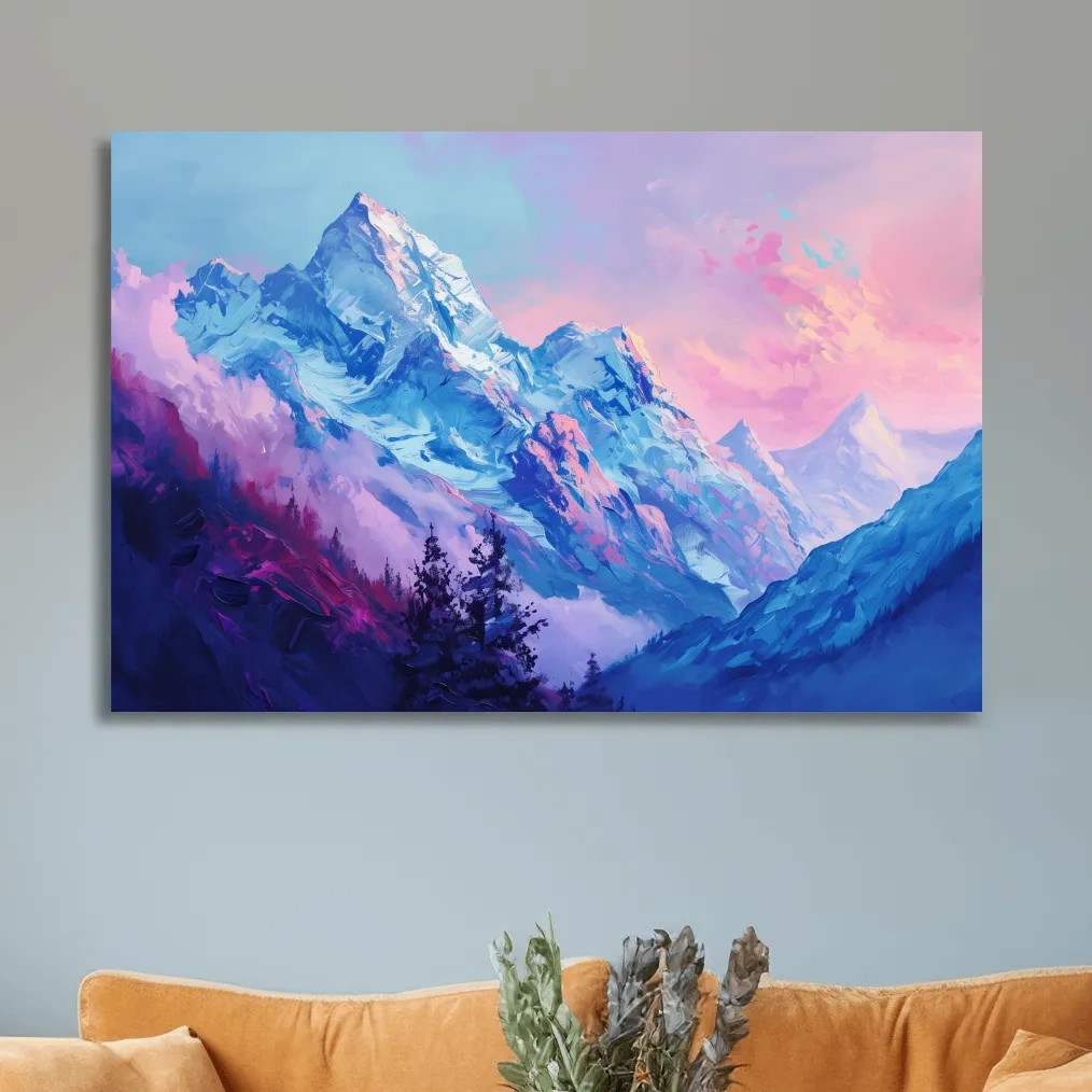 Impressionism style painting of a pink alpine sunset over a glacier