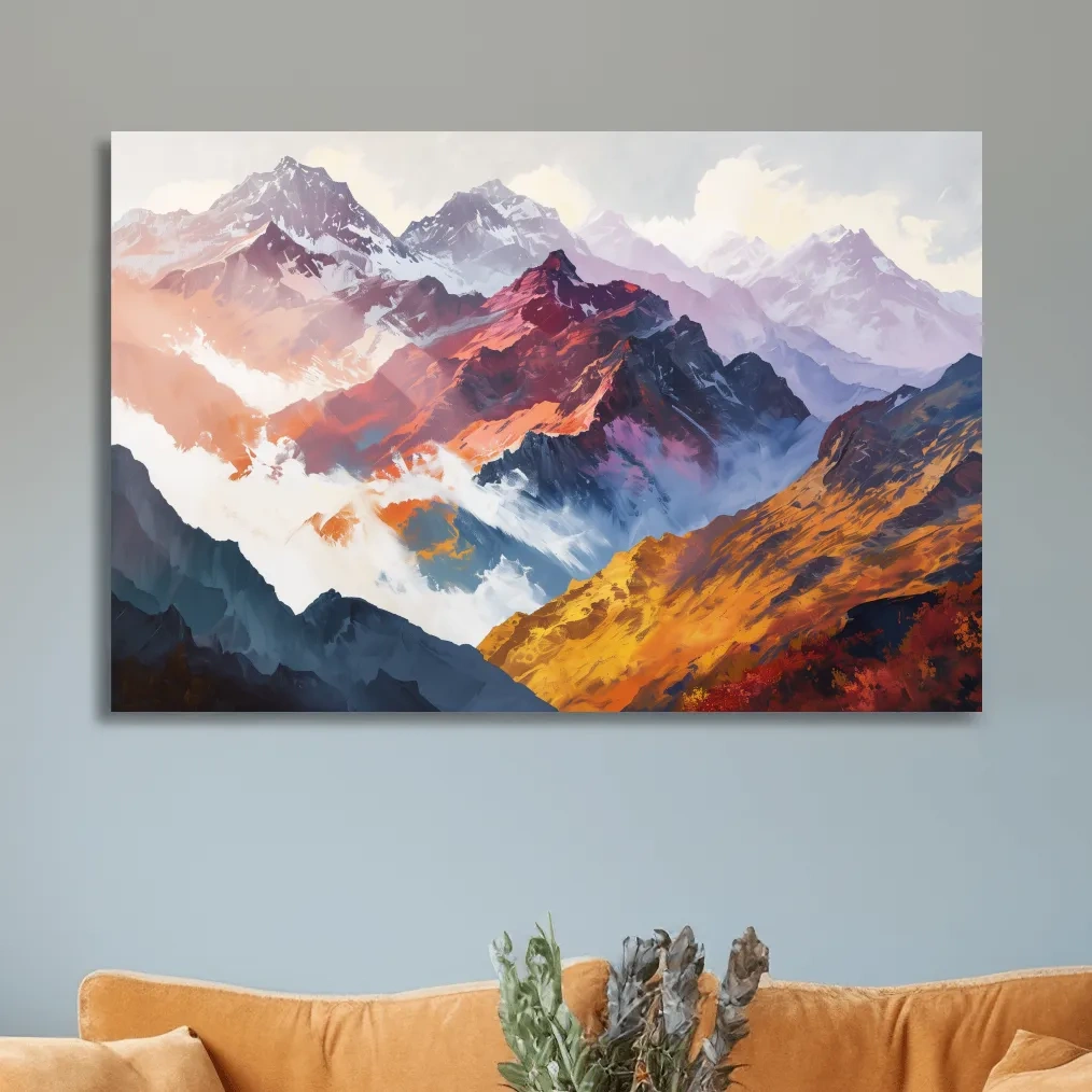 Impressionism style painting, abstract mountain ranges in fall