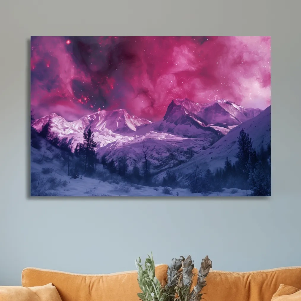 Surreal Nebula Galaxy Alpine Glacier Landscape - Cosmic Winter Night Sky Wall Art