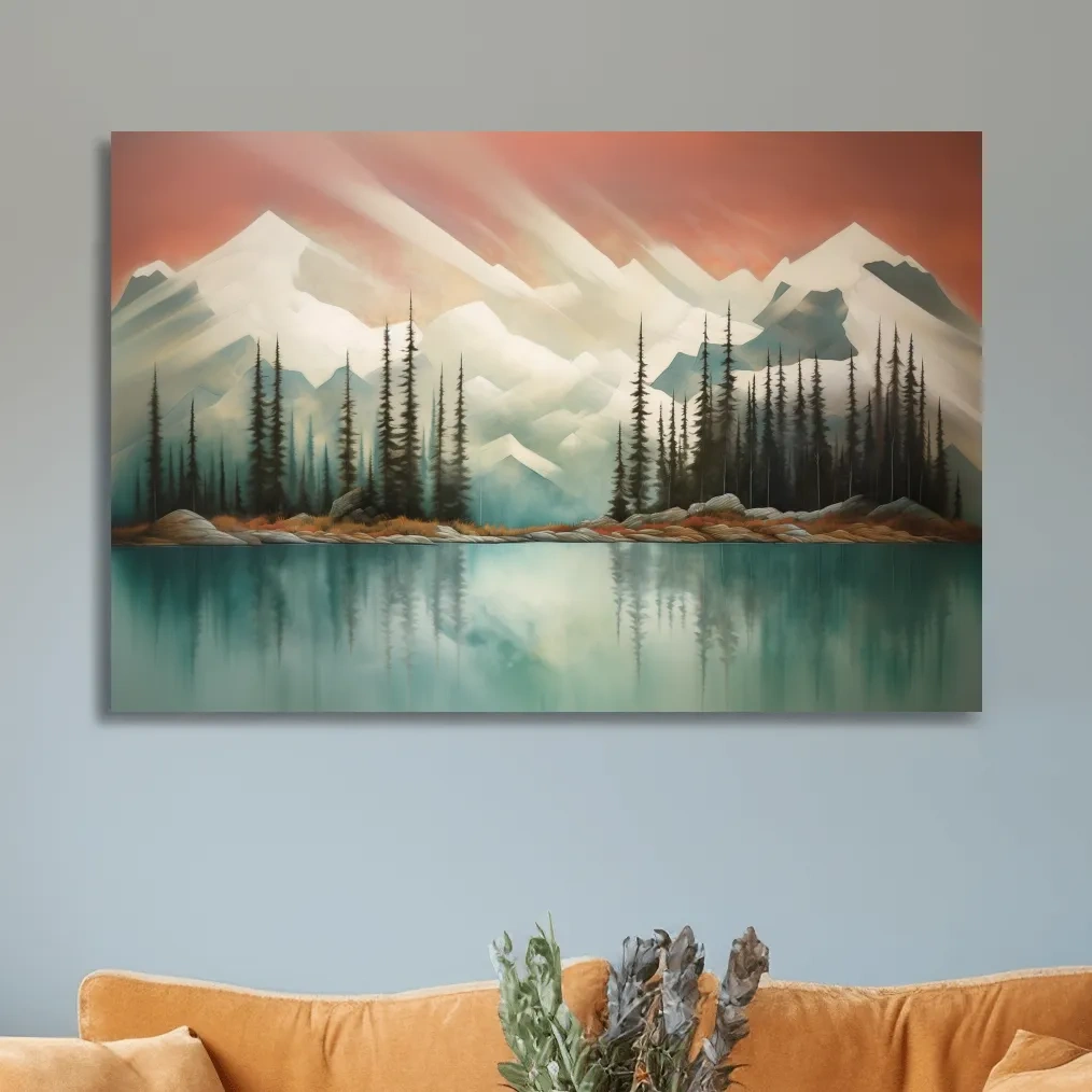 Trees on a beautiful alpine lake, mountain painting, abstract