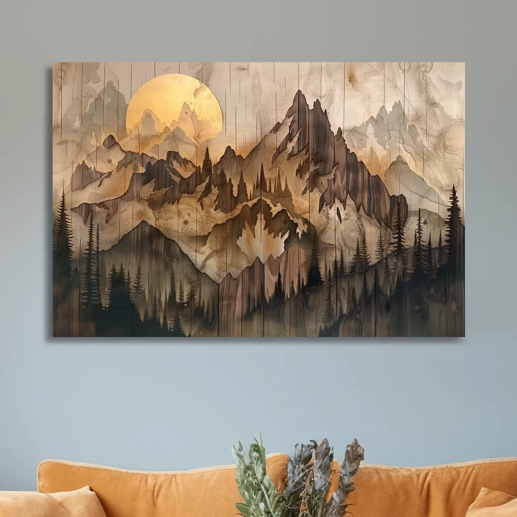 Rustic Sepia Mountain Sunrise Landscape - Vintage Wood Grain Watercolor Artwork