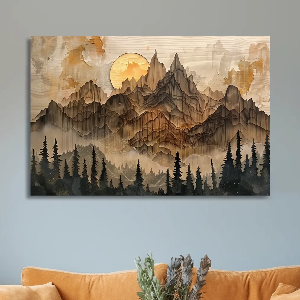 Rustic Mountain Sunset Landscape - Woodcut Style Alpine Wall Art