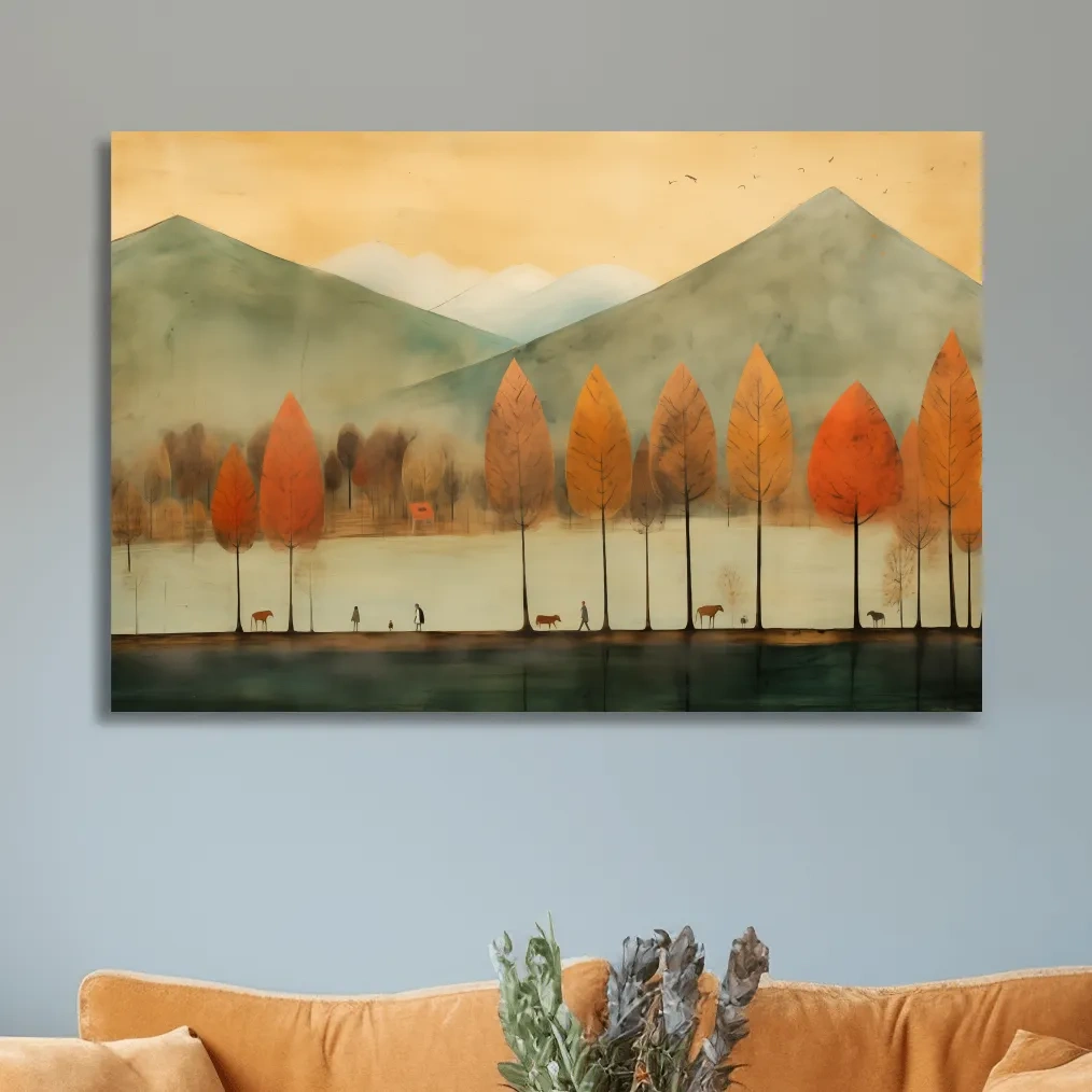 Textured painting of characters on a treelined lake in fall