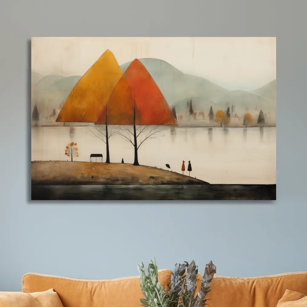 Quirky painting of a lakeside mountain scene in fall