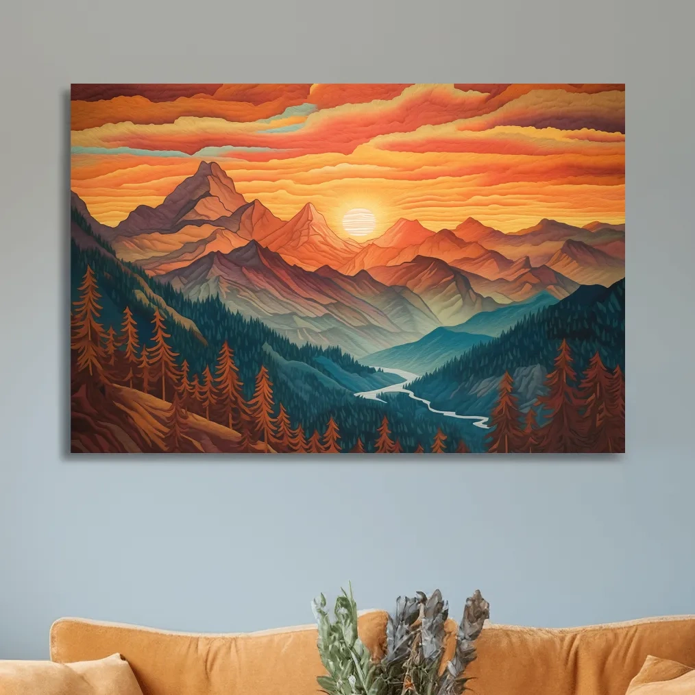Vibrant Sunset Mountain Range Illustration - Layered Alpine Landscape Wall Art