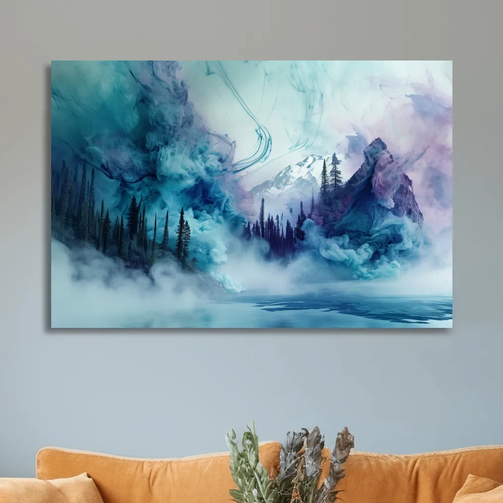 Abstract mountain painting, fog swirling through an alpine lake
