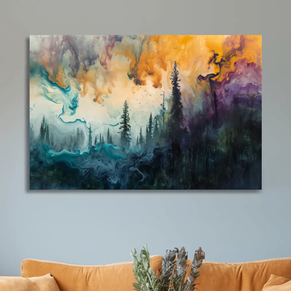 Vibrant Abstract Forest Smoke Swirls - Fluid Acrylic Style Wall Art