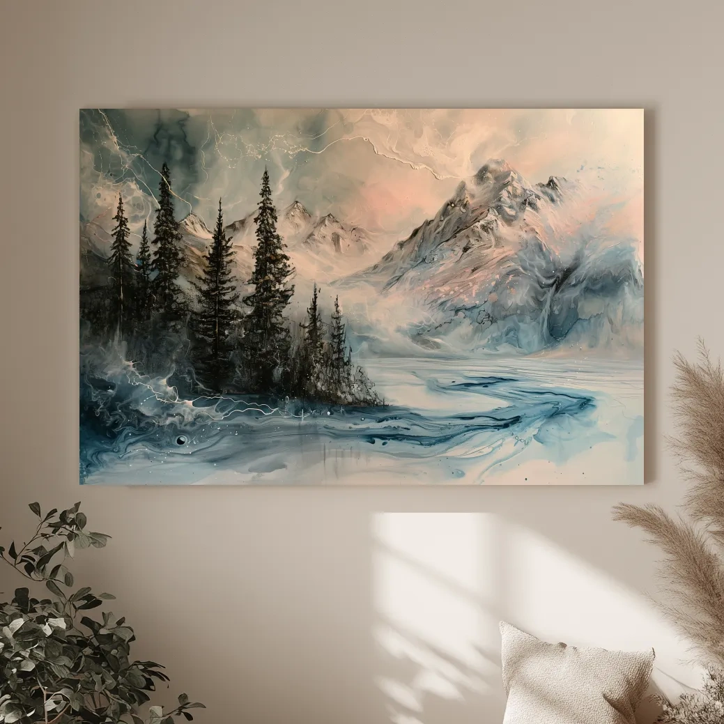 Ethereal Mountain Lake Alpine Forest - Moody Abstract Alcohol Ink Wall Art