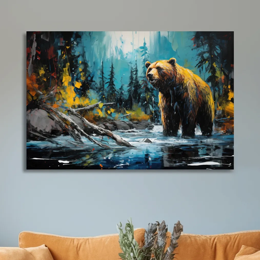 Colourful painting of a grizzly bear in the river