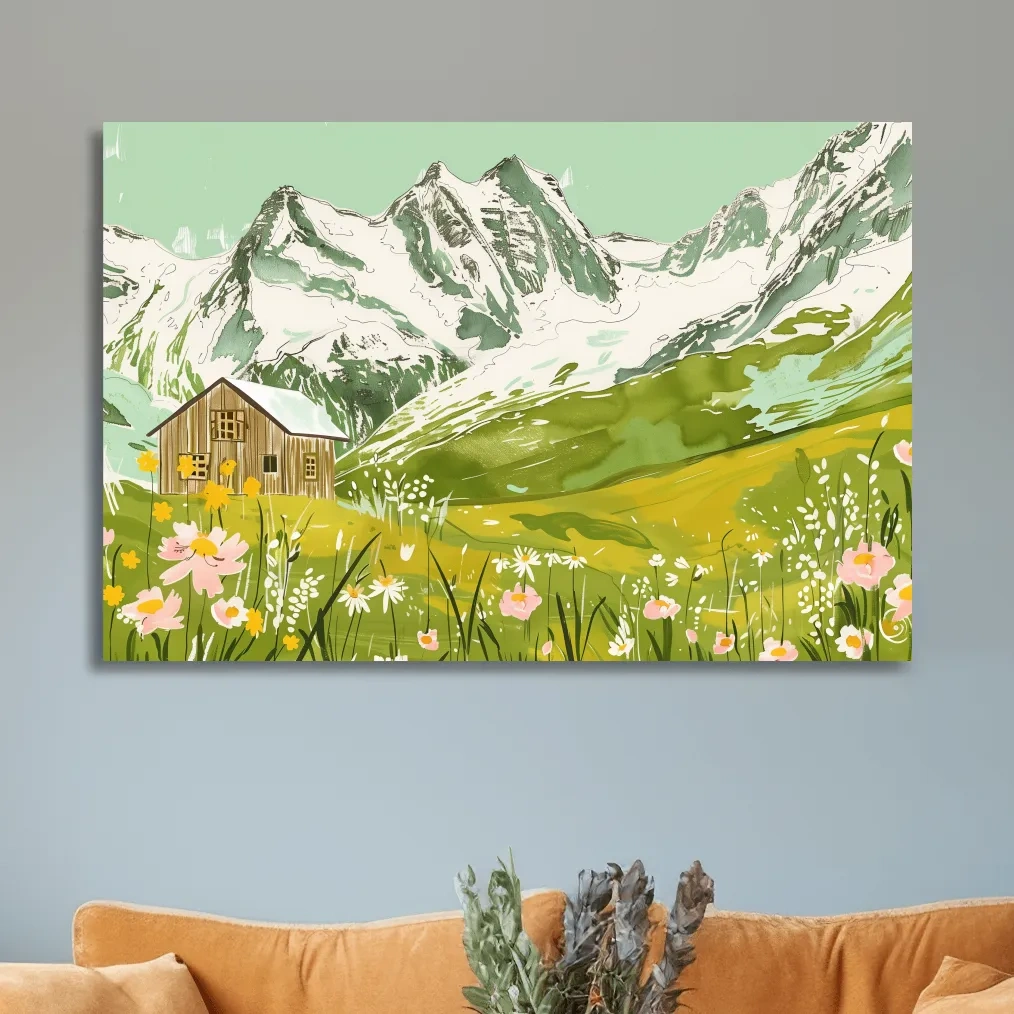Alpine cabin artwork, flowers and glacier, stylized sketch painting style