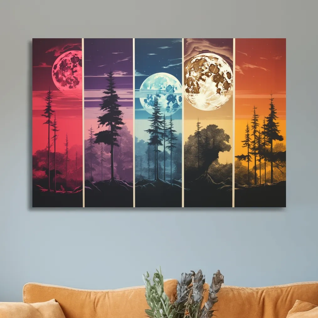 Multipanel colorful treeline under the moonlit sky, risograph style artwork