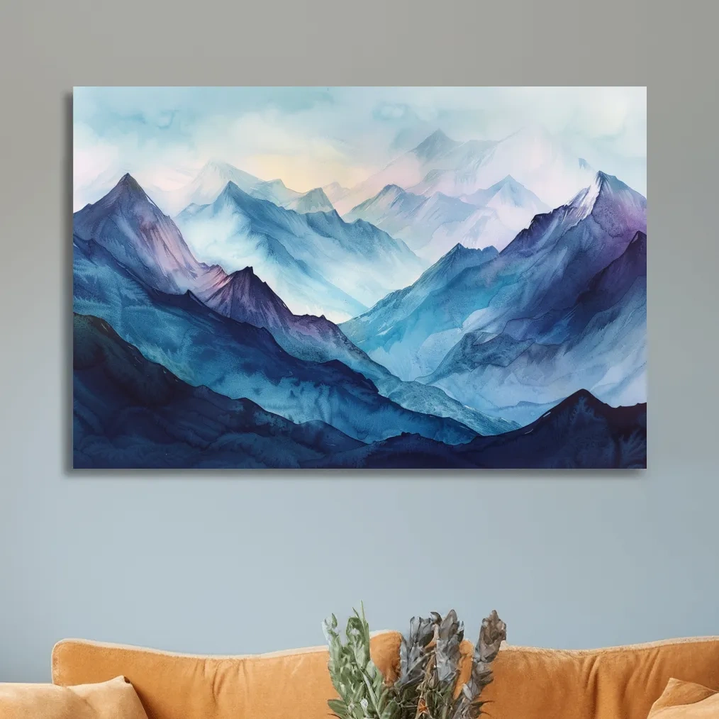 Watercolour mountain painting, colourful mountain landscape artwork