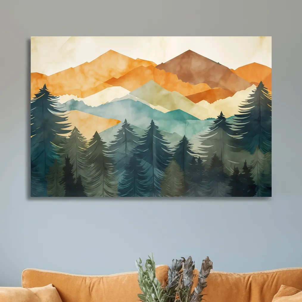 Abstract watercolor painting, mountains and forest