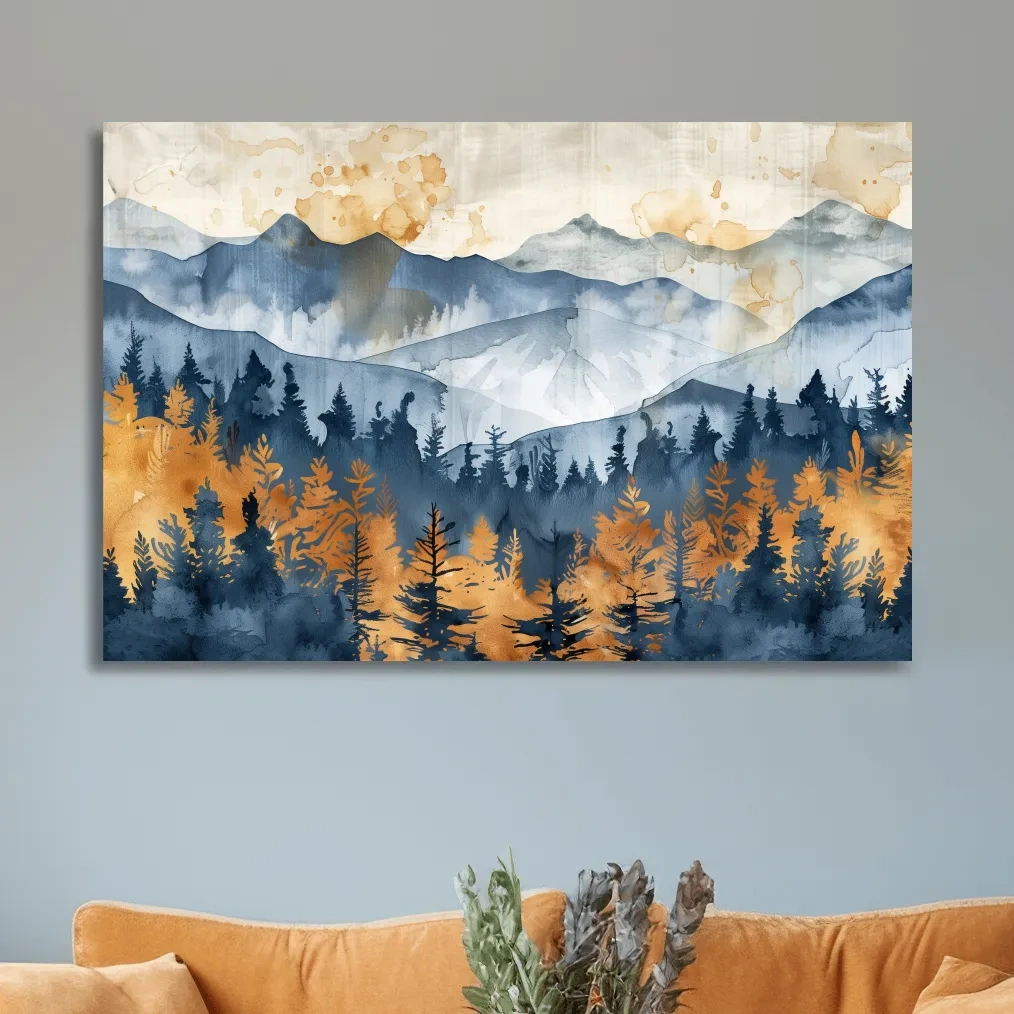 Abstract textured mountain and forest watercolour painting artwork, large format