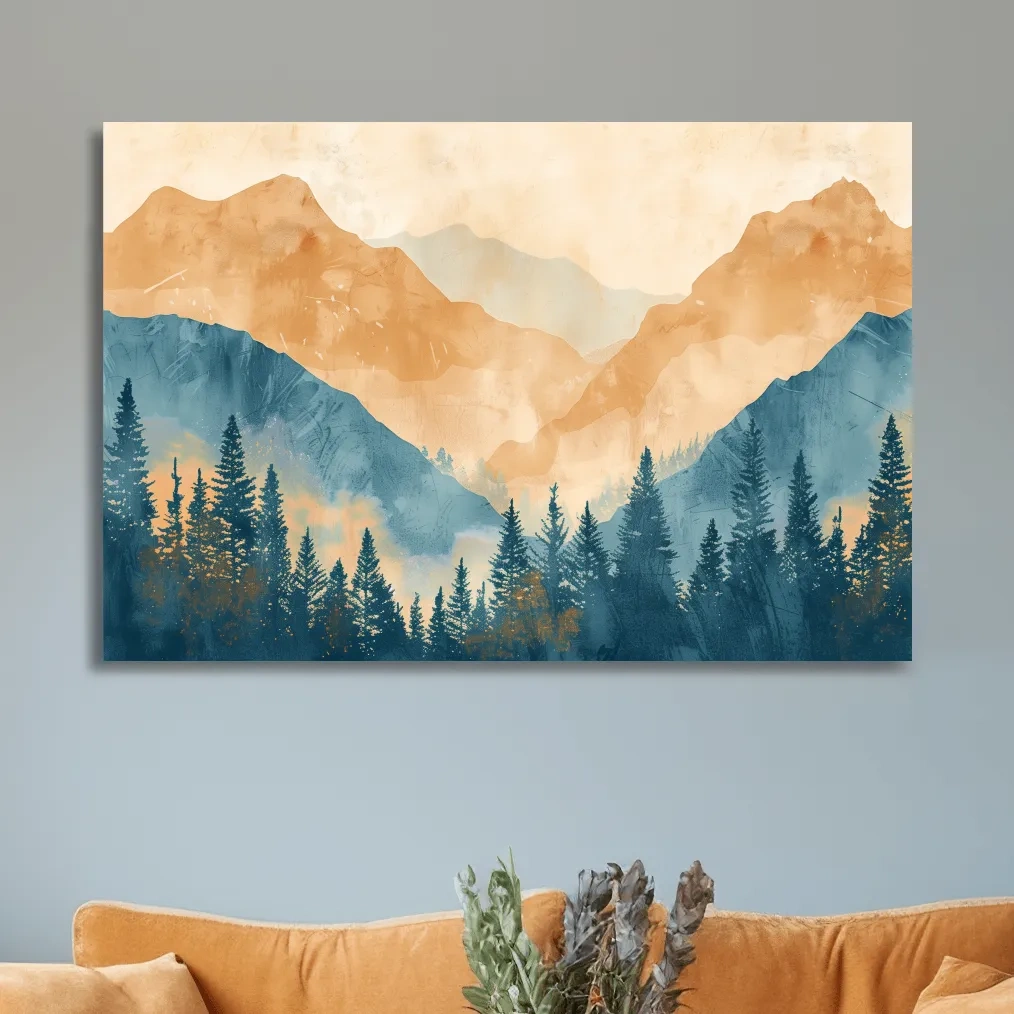 Watercolour painting, foggy treeline in the mountains, textured art style