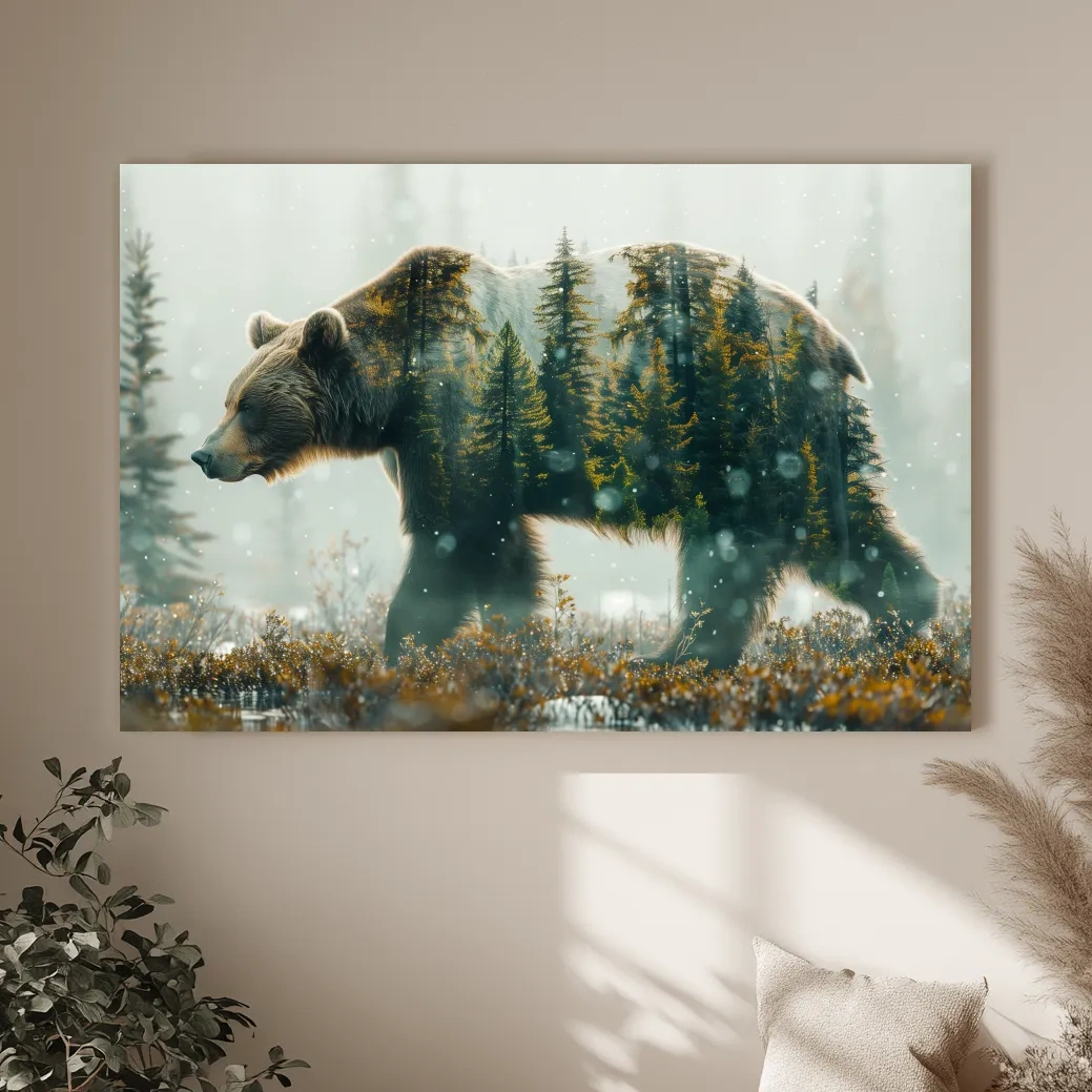 Moody Double Exposure Grizzly Bear Forest - Photographic Wildlife Wall Art