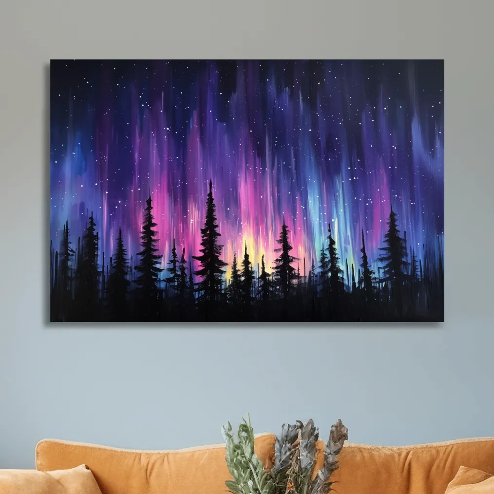 Painting of silhouetted trees against purple and pink northern lights sky