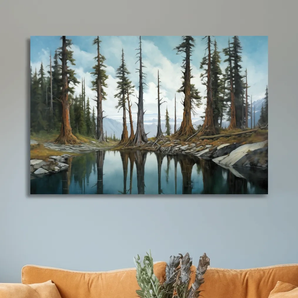 Painting of a line of trees beside a lake and mountains, forest artwork