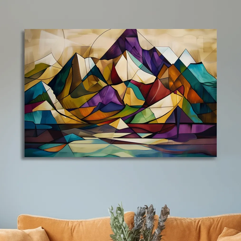 Vibrant Leadlight Style Mountain Range Painting - Abstract Colorful Stained Glass Wall Art
