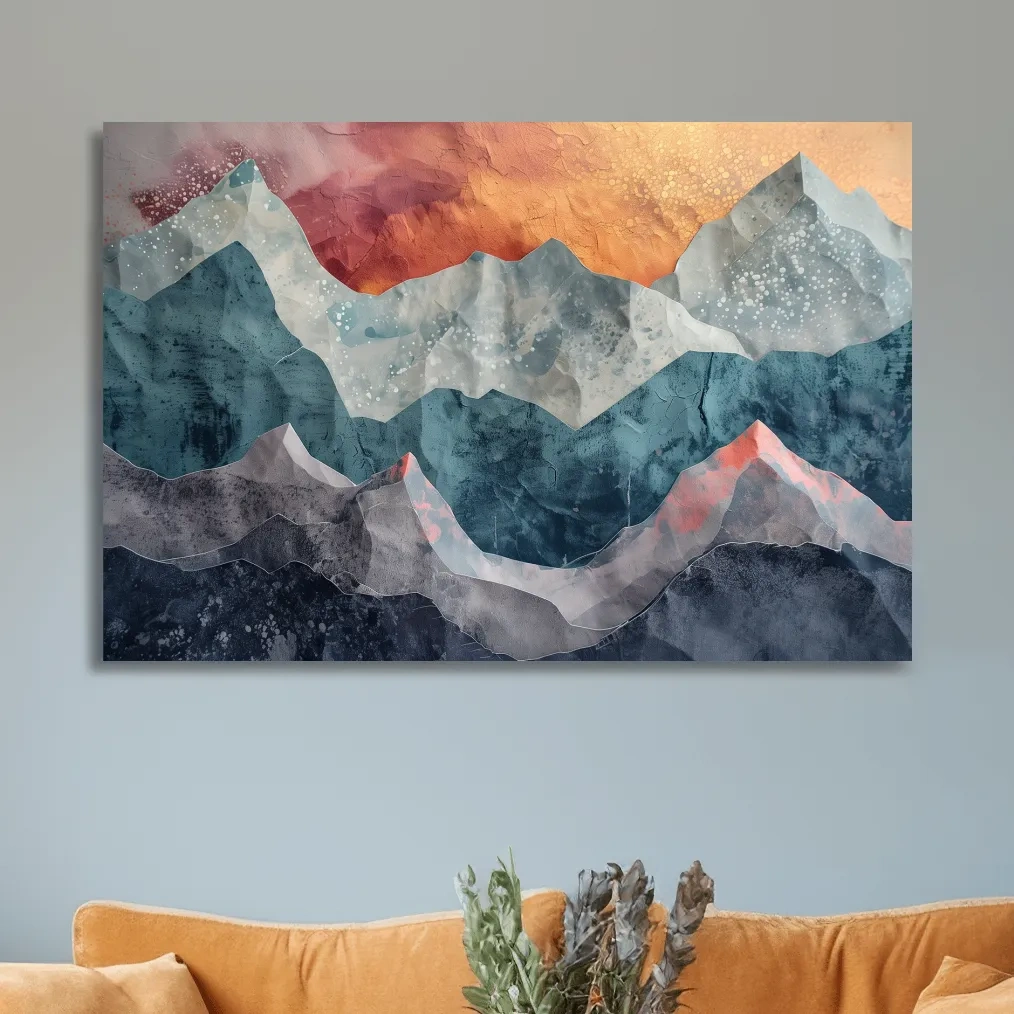 Layered Abstract Mountain Range Sunset - Modern 3D Mixed Media Landscape Wall Art
