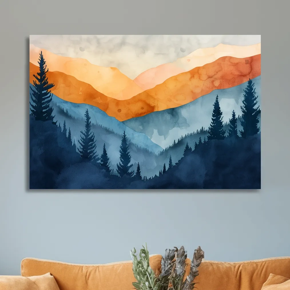 Mountain landscape and forest watercolour painting wall art