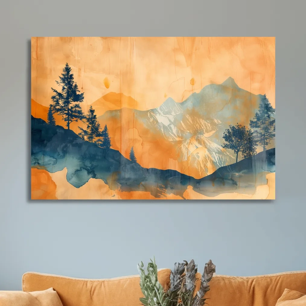 Abstract watercolor painting wall art, trees, mountains and glacier