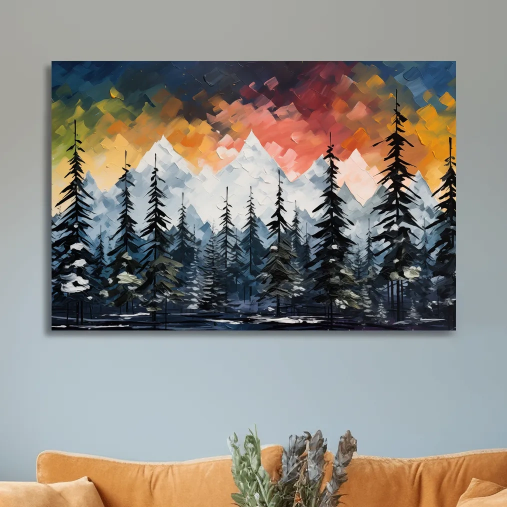Moody Alpine Mountain Sunset With Pine Forest - Textured Palette Knife Painting Style Landscape Art