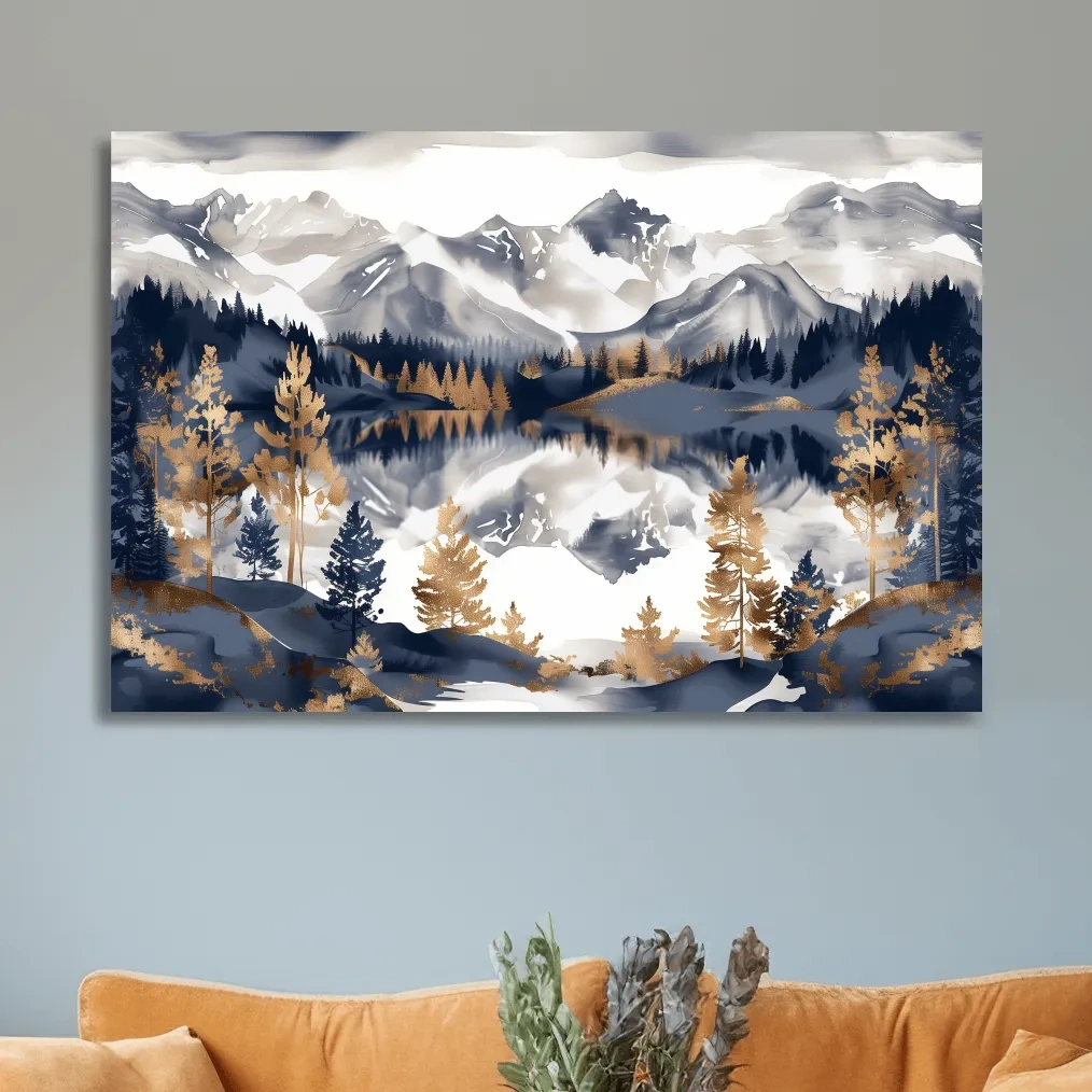 Gold leaf style alpine lake and mountain wall art painting