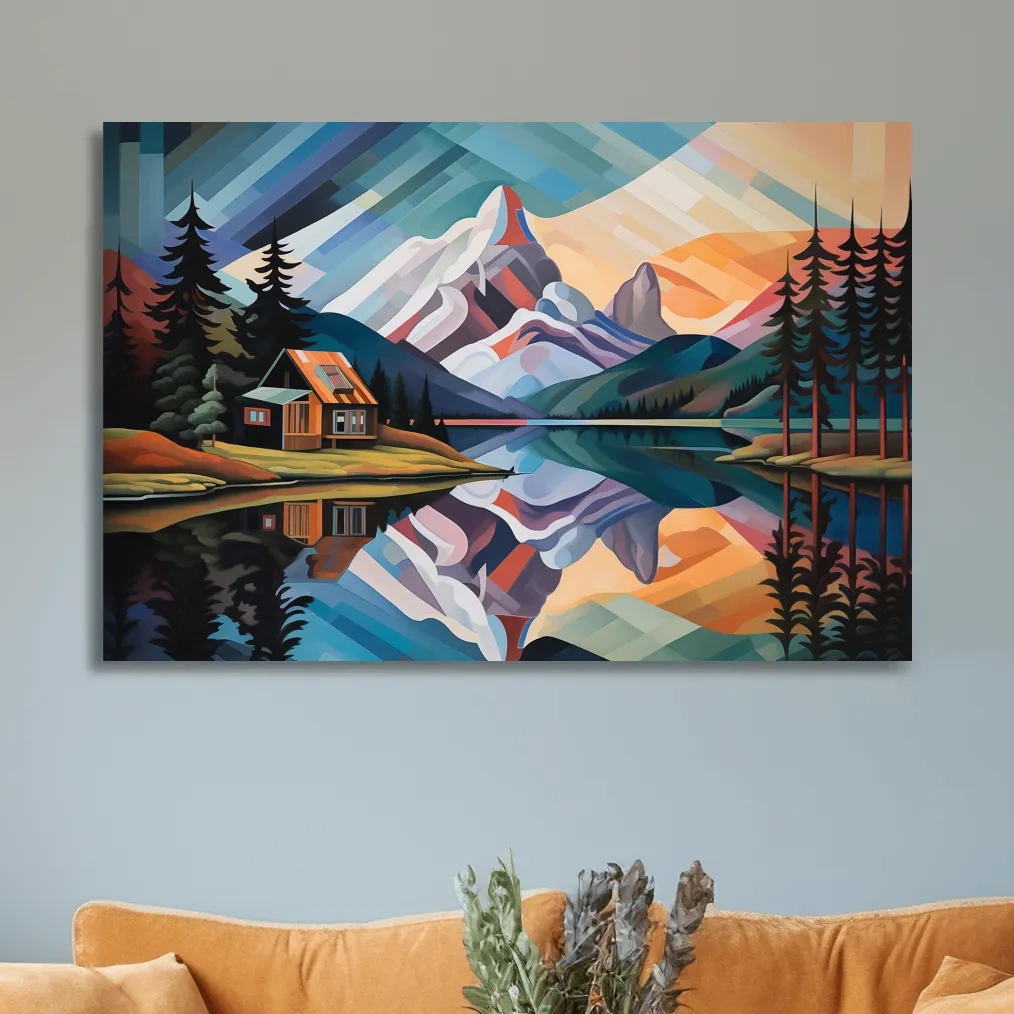 Abstract oil painting of a cabin by a lake at sunset
