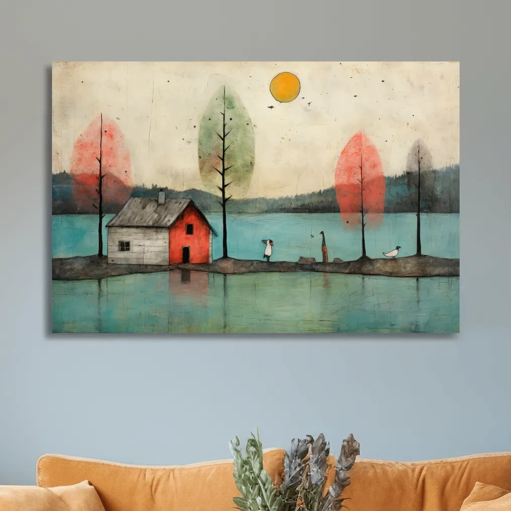 Painting of a quirky cabin on the lake, textured effect