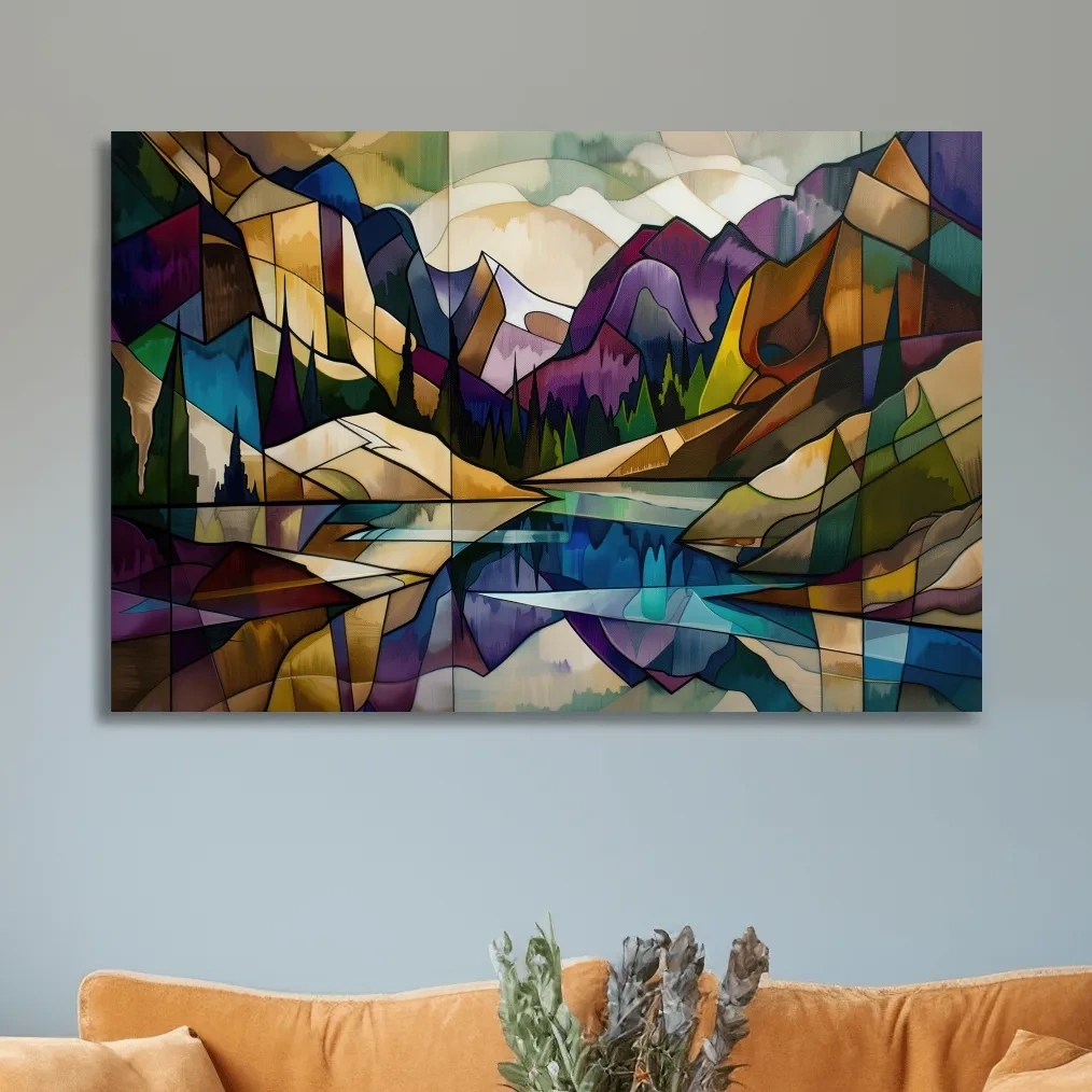 Abstract Stained Glass Mountain Lake Landscape - Colorful Geometric Alpine Wall Art