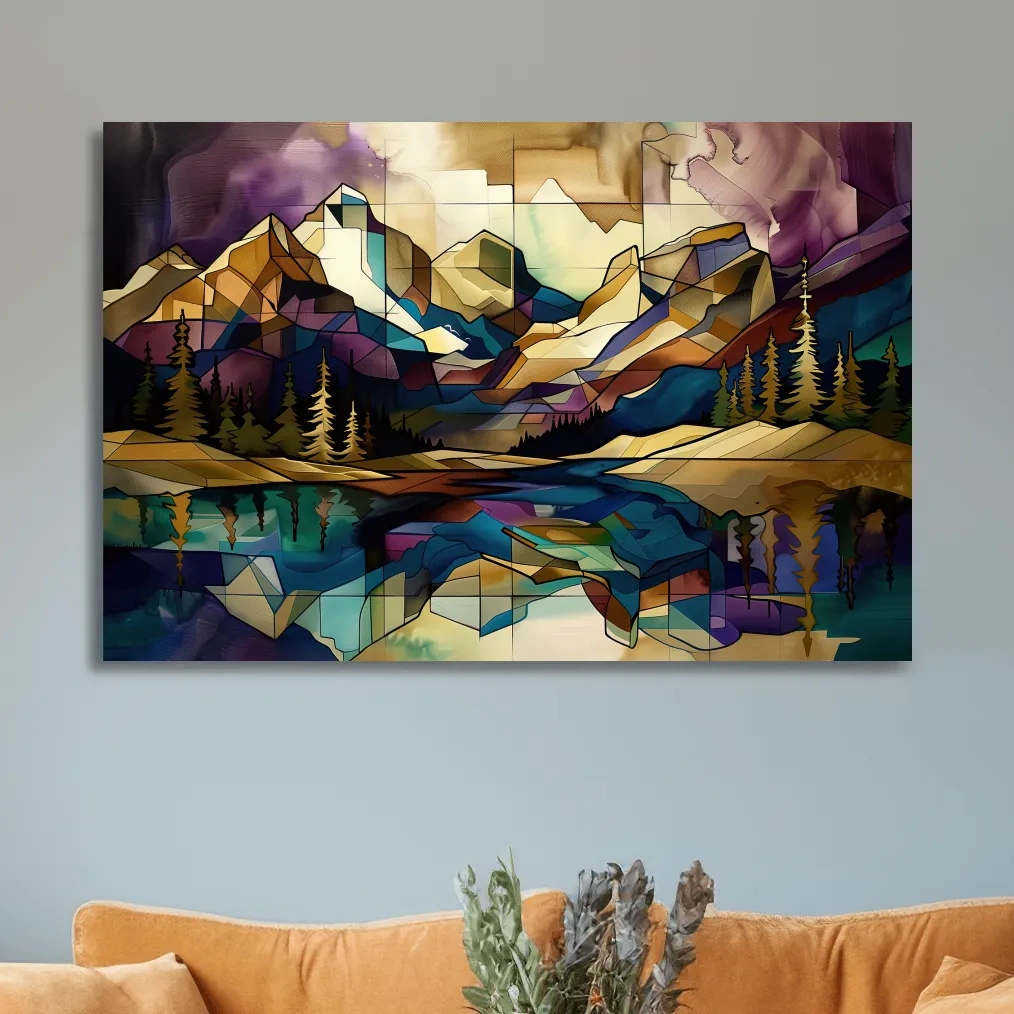 Treelined alpine lake and mountain scene, mixed media style colorful abstract painting