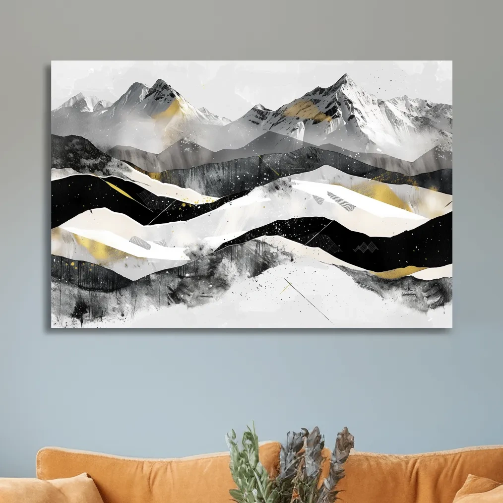 Snow capped mountains, modern black and white abstract artwork