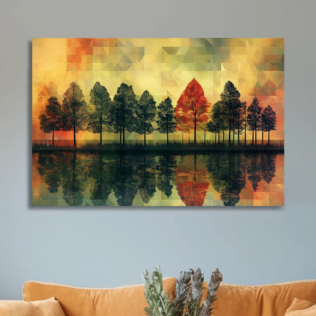 Abstract Geometric Autumn Forest Reflection - Modern Mosaic Landscape Artwork