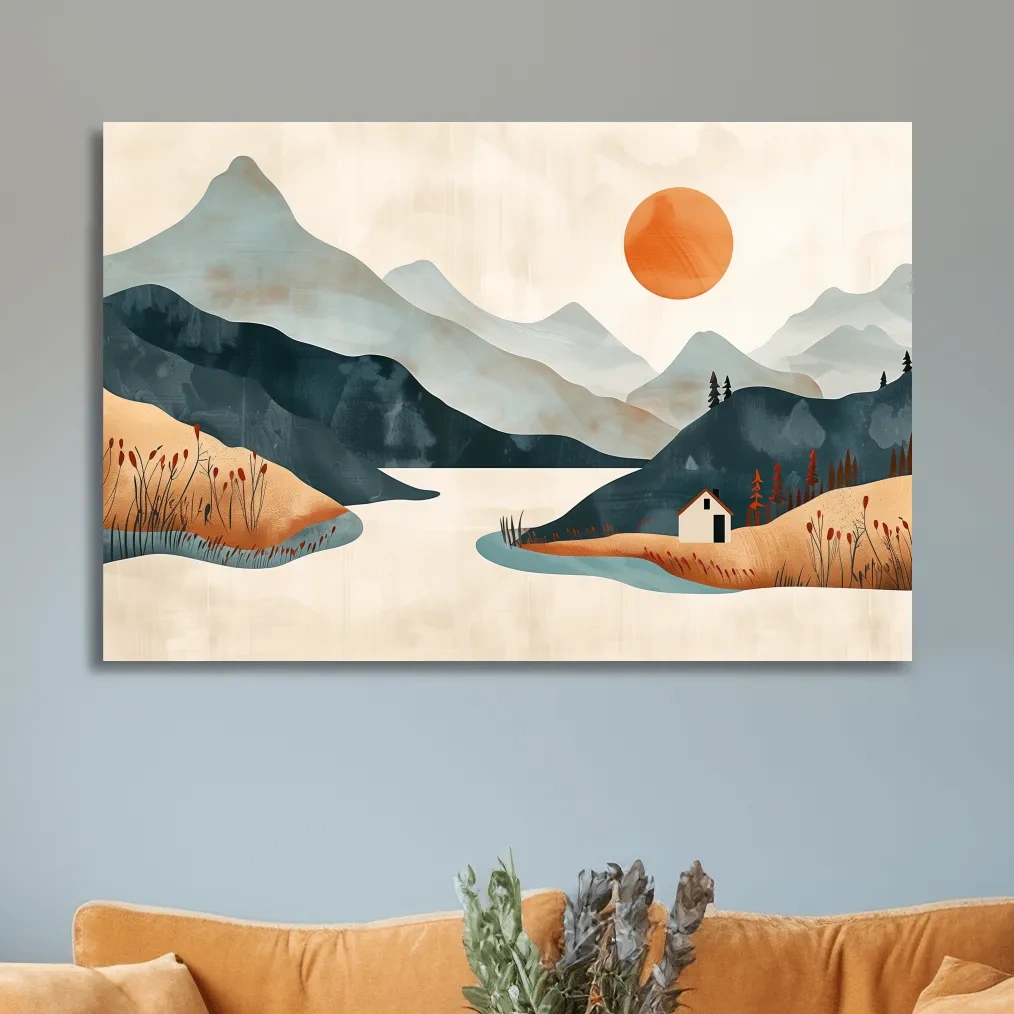 Minimalist Mountain Sunset Lake Cabin Illustration - Modern Scandinavian Wall Art