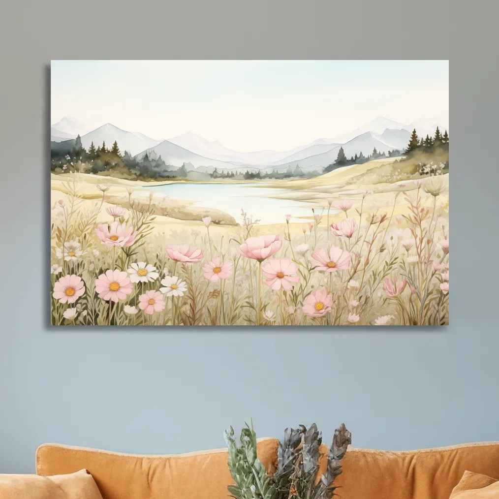 Soft Watercolor Wildflower Meadow Landscape - Serene Pastel Alpine Wall Art