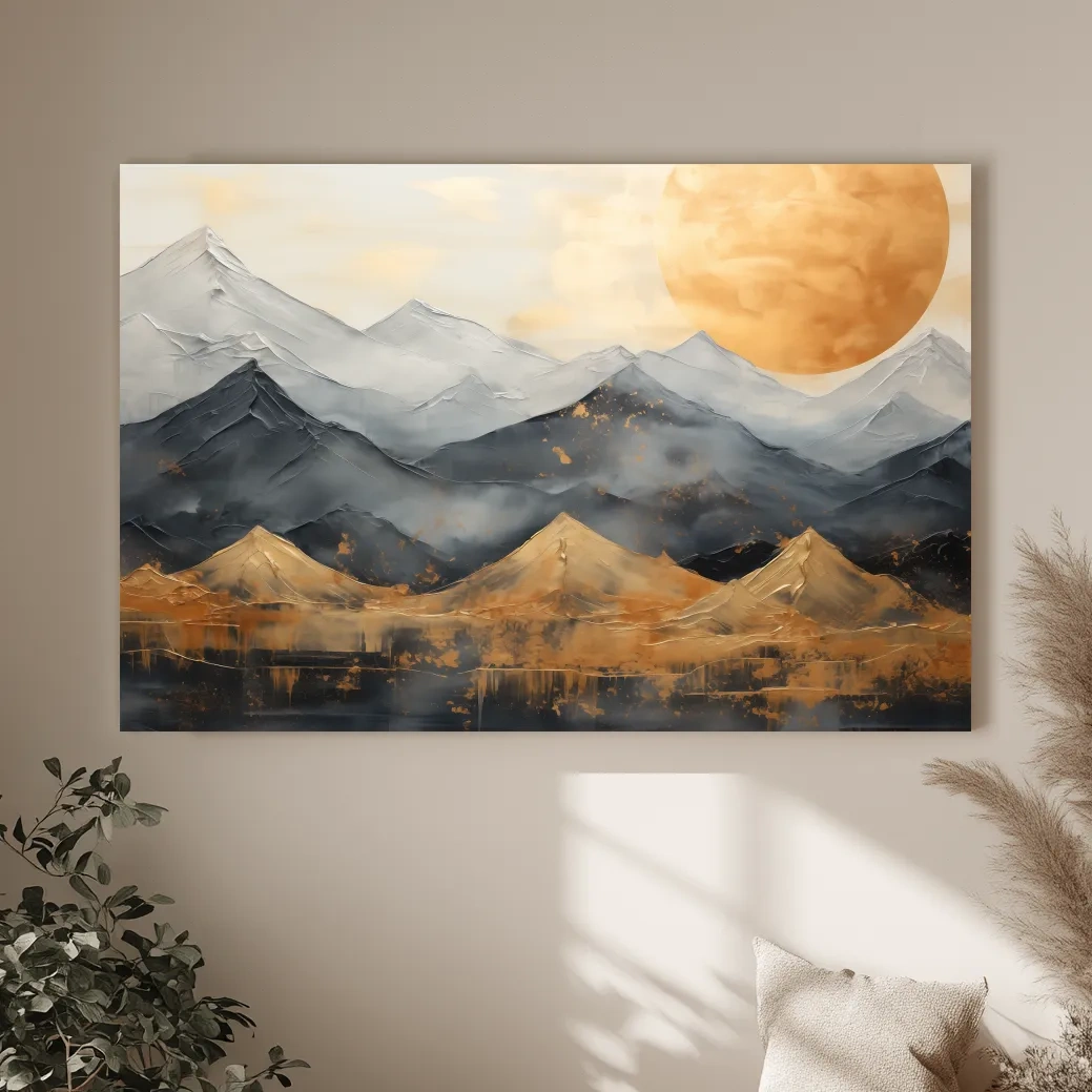 Gold Leaf Style Abstract Mountain Range Sunset - Modern Landscape Wall Art