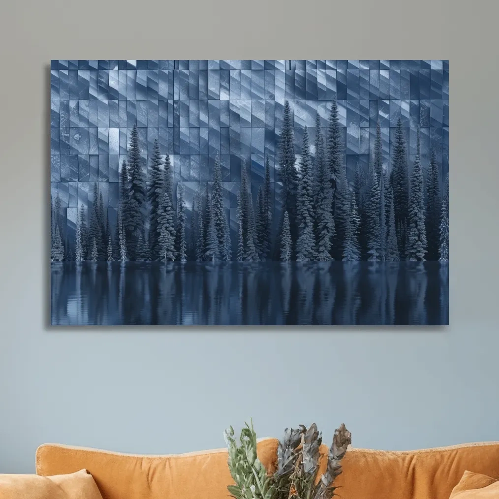 Digital forest artwork, trees reflecting on the lake, tessellated mosaic effect