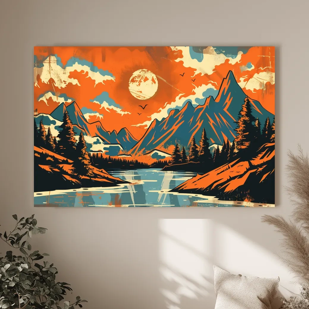Vibrant Retro Mountain Lake Sunset Illustration - Bold Vector Landscape Wall Art