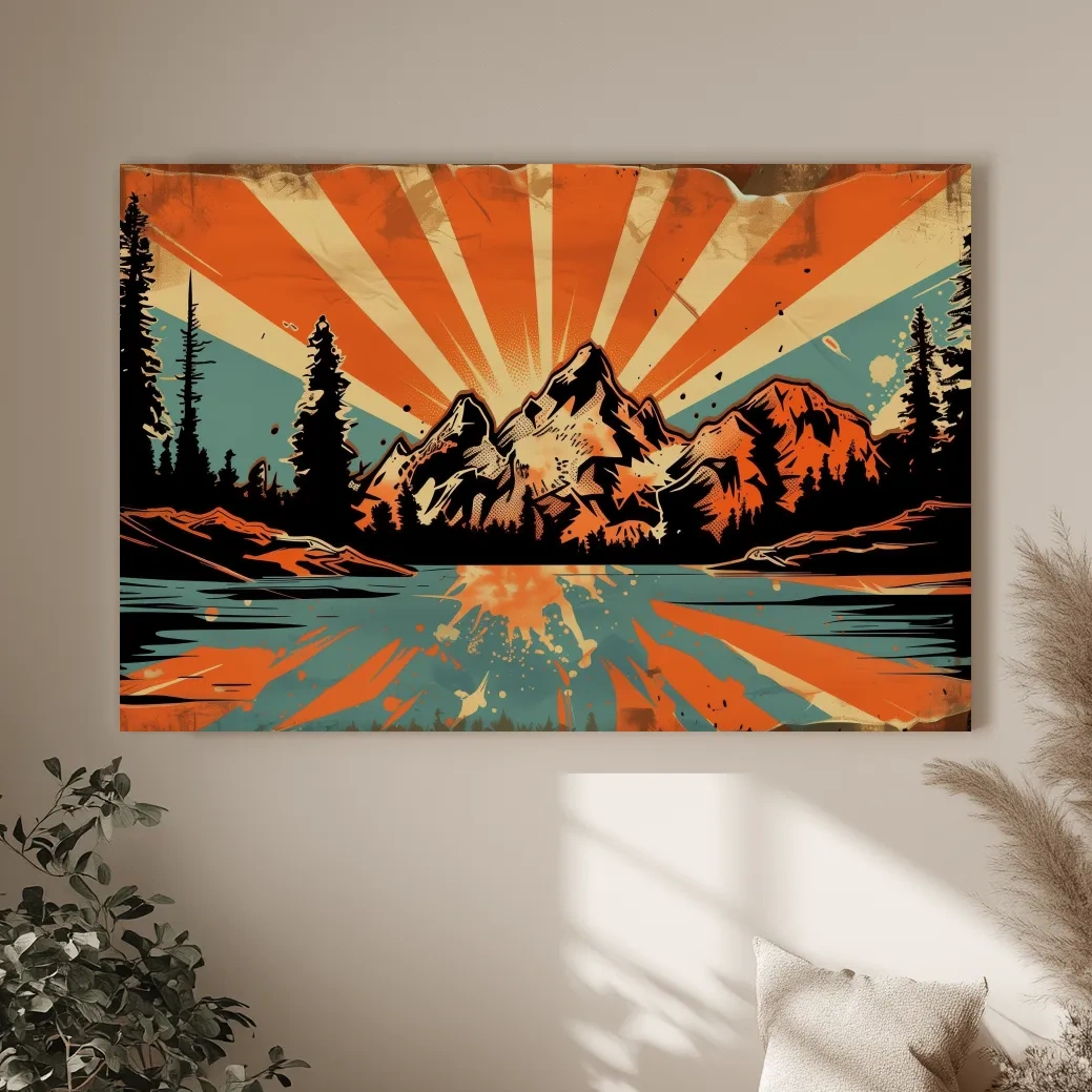 Retro comic book style halftone mountain wall art, sunrise rays from behind a glacier and alpine lake,