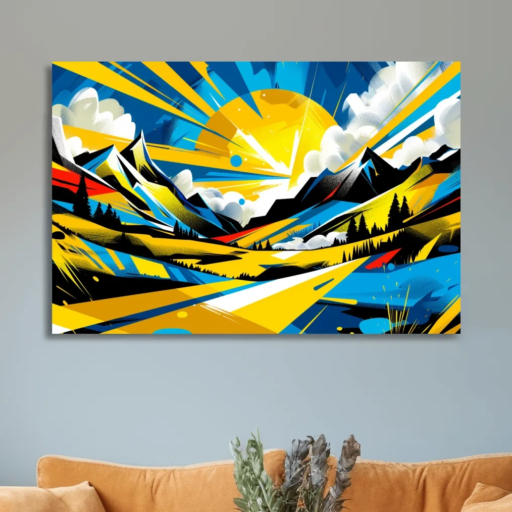 Graffiti style sunset mountain wall art, vibrant bright colorful artwork